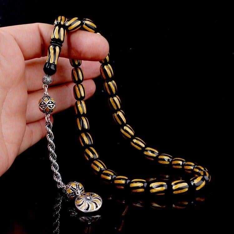 Gümüş Mineli Püsküllü Siyah Sarı Renk Ateş Kehribar TesbihAteş Kehribar Tesbih