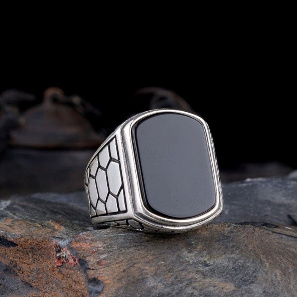 Gümüş Petek Model Oniks Taşlı Erkek YüzükOnyx Stone Ring