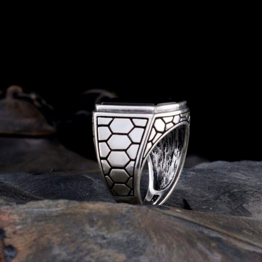 Gümüş Petek Model Oniks Taşlı Erkek YüzükOnyx Stone Ring