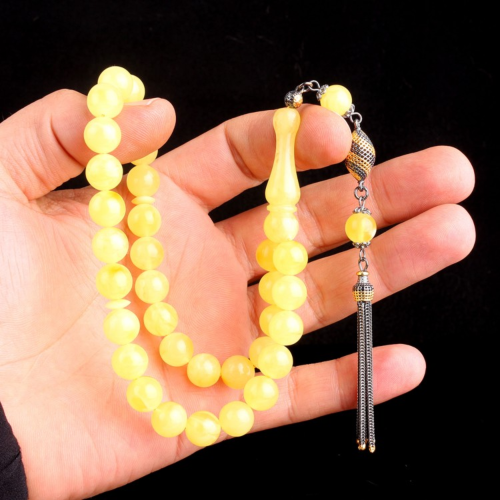 Gümüş Püsküllü 10mm Damla Kehribar Tesbih