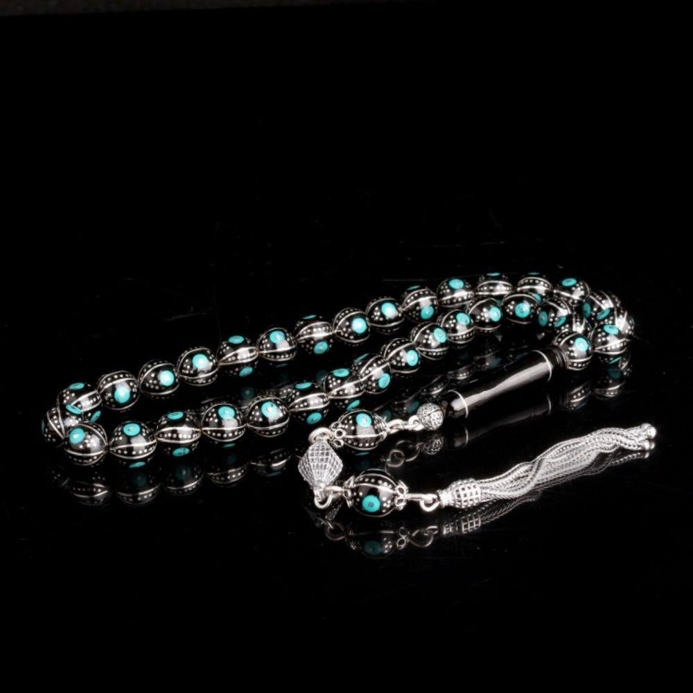 Gümüş Püsküllü Erzurum Oltu Taşı Üzerine Firuze İşleme Tesbih