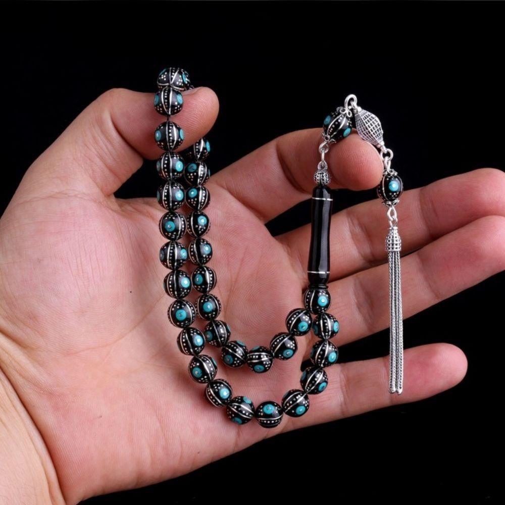 Gümüş Püsküllü Erzurum Oltu Taşı Üzerine Firuze İşleme Tesbih