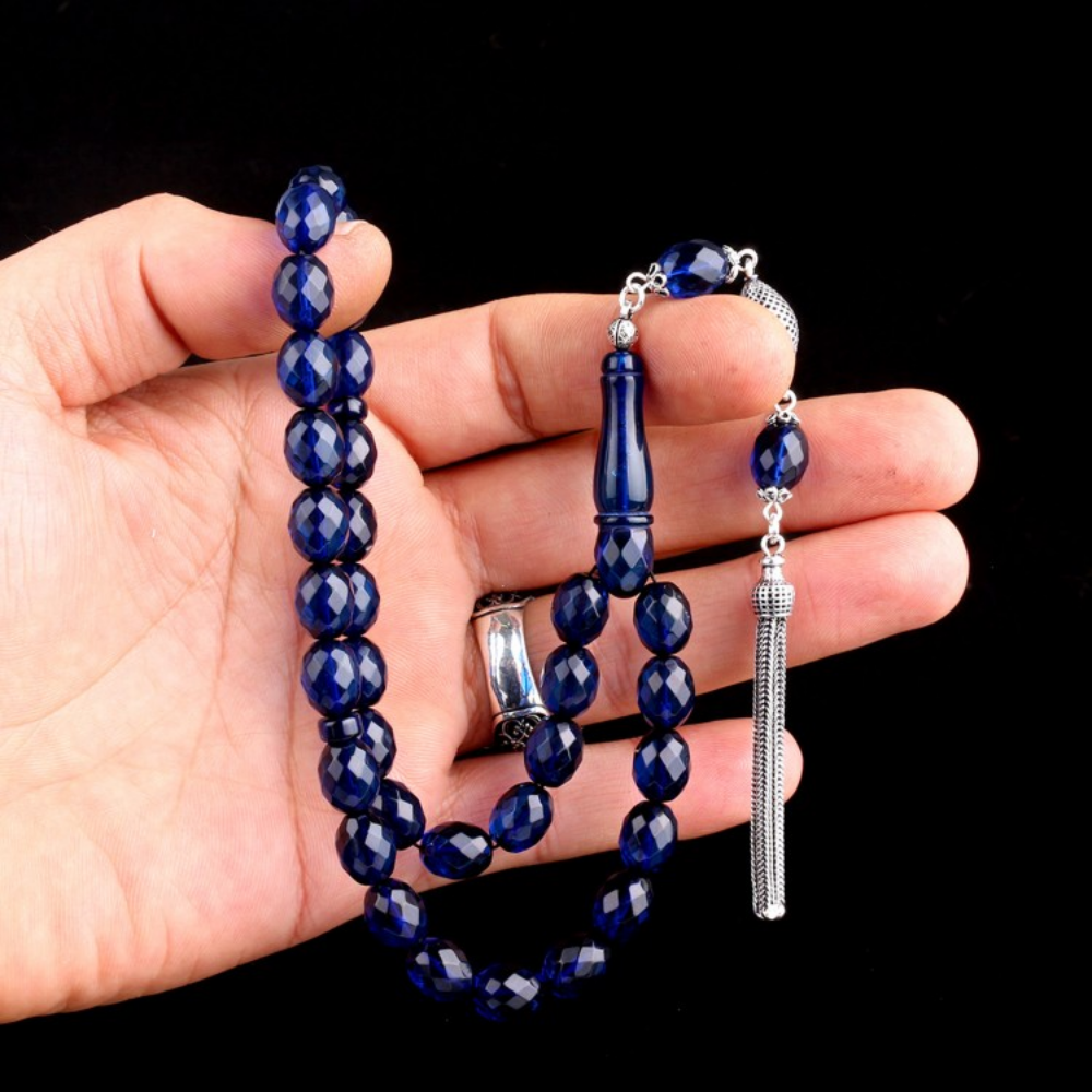 Gümüş Püsküllü Faset Kesim Arpa Damla Kehribar Tesbih