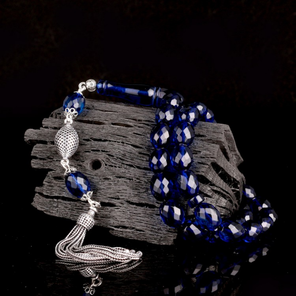 Gümüş Püsküllü Faset Kesim Arpa Damla Kehribar Tesbih