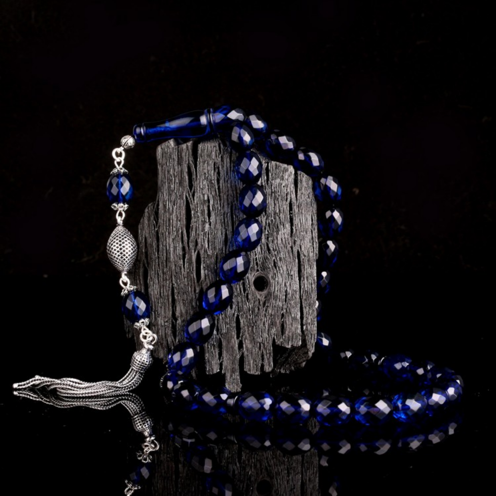 Gümüş Püsküllü Faset Kesim Arpa Damla Kehribar Tesbih