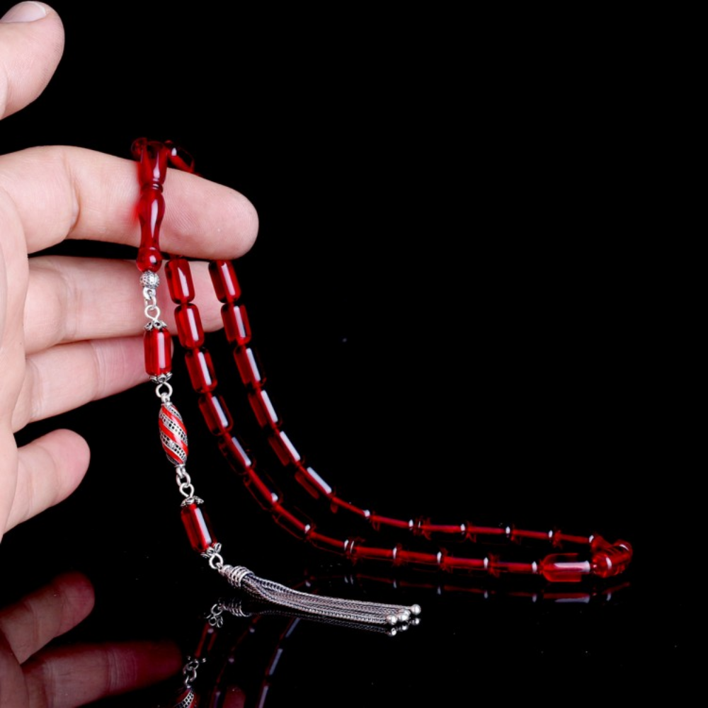 Gümüş Püsküllü Kapsül Kesim Kırmızı Damla Kehribar Tesbih