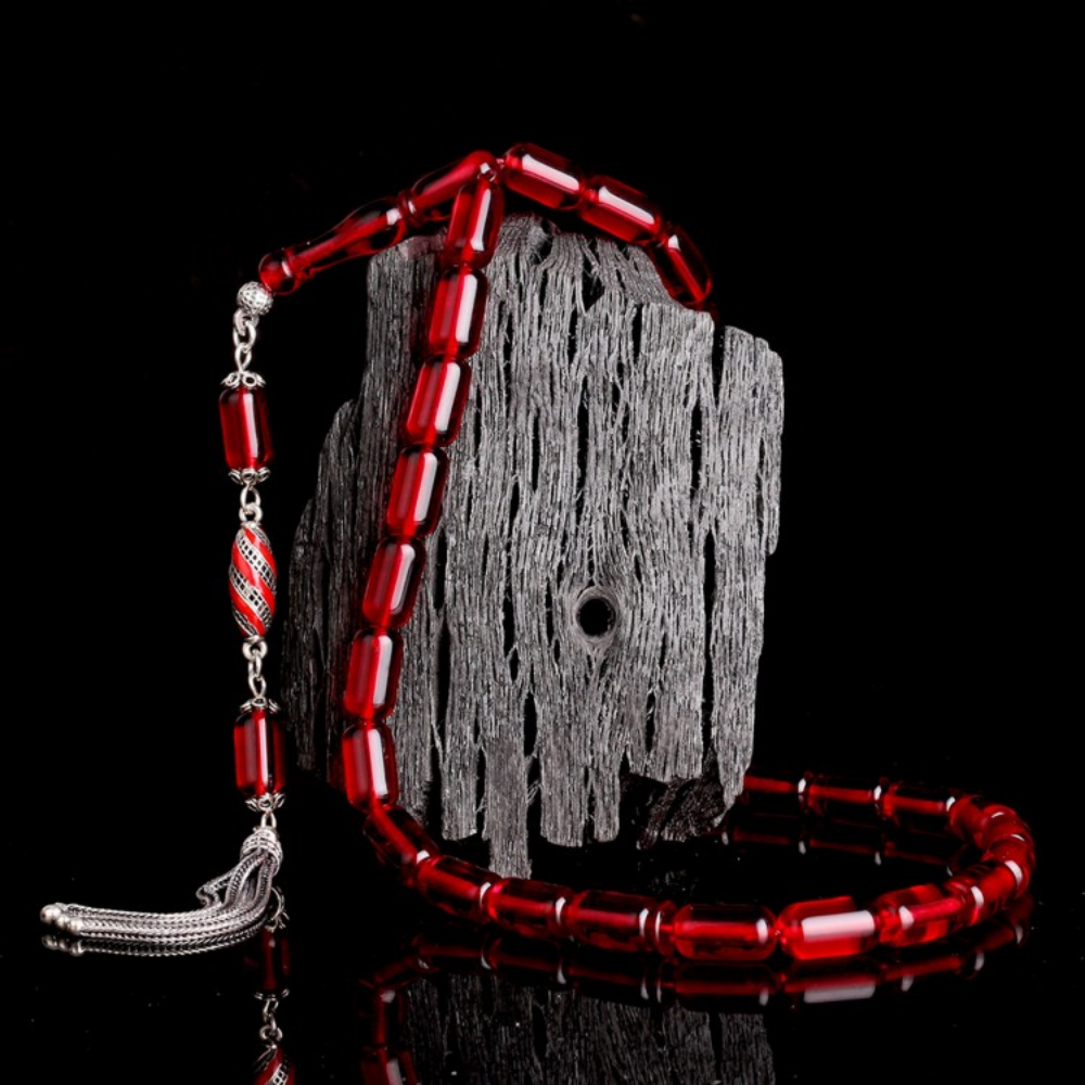 Gümüş Püsküllü Kapsül Kesim Kırmızı Damla Kehribar Tesbih