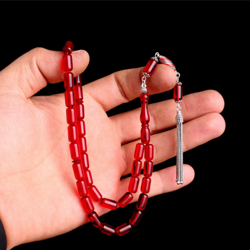 Gümüş Püsküllü Kapsül Kesim Kırmızı Damla Kehribar Tesbih