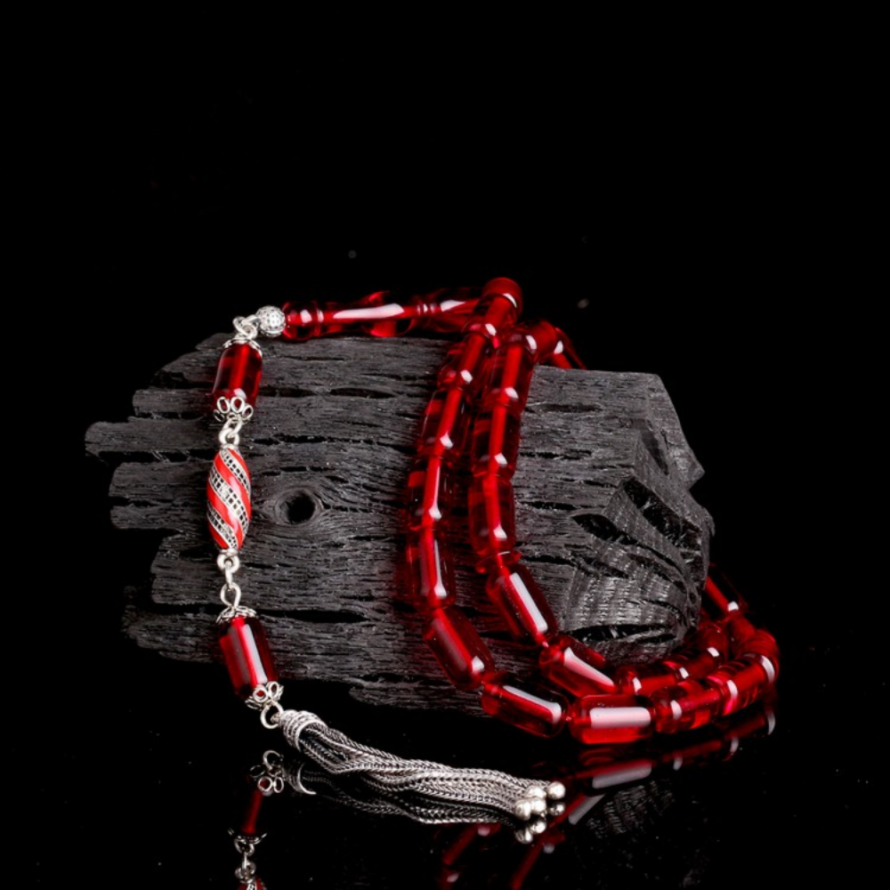 Gümüş Püsküllü Kapsül Kesim Kırmızı Damla Kehribar Tesbih