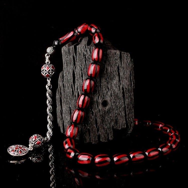 Gümüş Püsküllü Mineli Siyah Bordo Renk Ateş Kehribar TesbihAteş Kehribar Tesbih