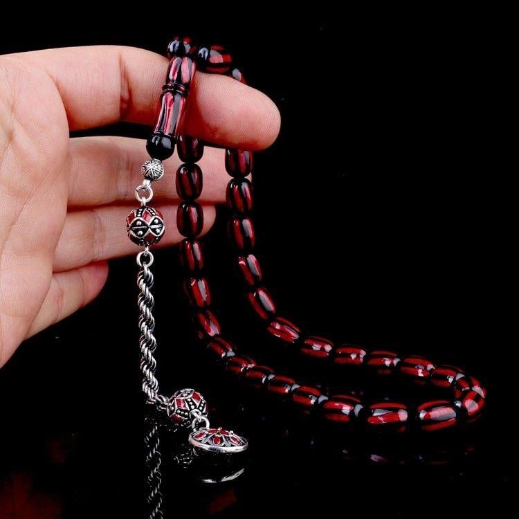 Gümüş Püsküllü Mineli Siyah Bordo Renk Ateş Kehribar TesbihAteş Kehribar Tesbih