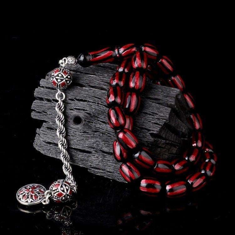 Gümüş Püsküllü Mineli Siyah Bordo Renk Ateş Kehribar TesbihAteş Kehribar Tesbih