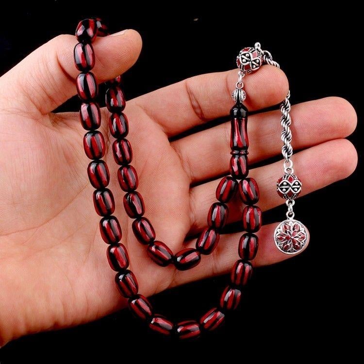 Gümüş Püsküllü Mineli Siyah Bordo Renk Ateş Kehribar TesbihAteş Kehribar Tesbih