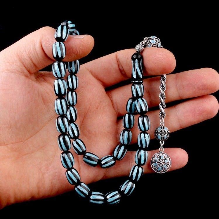 Gümüş Püsküllü Mineli Siyah Turkuaz Renk Ateş Kehribar TesbihAteş Kehribar Tesbih