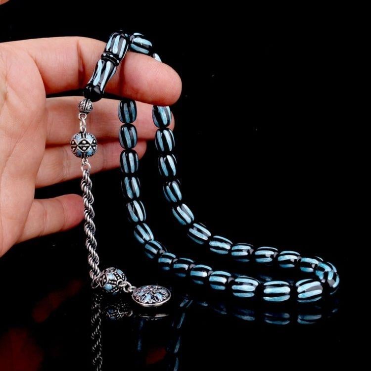 Gümüş Püsküllü Mineli Siyah Turkuaz Renk Ateş Kehribar TesbihAteş Kehribar Tesbih