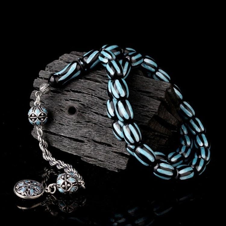 Gümüş Püsküllü Mineli Siyah Turkuaz Renk Ateş Kehribar TesbihAteş Kehribar Tesbih