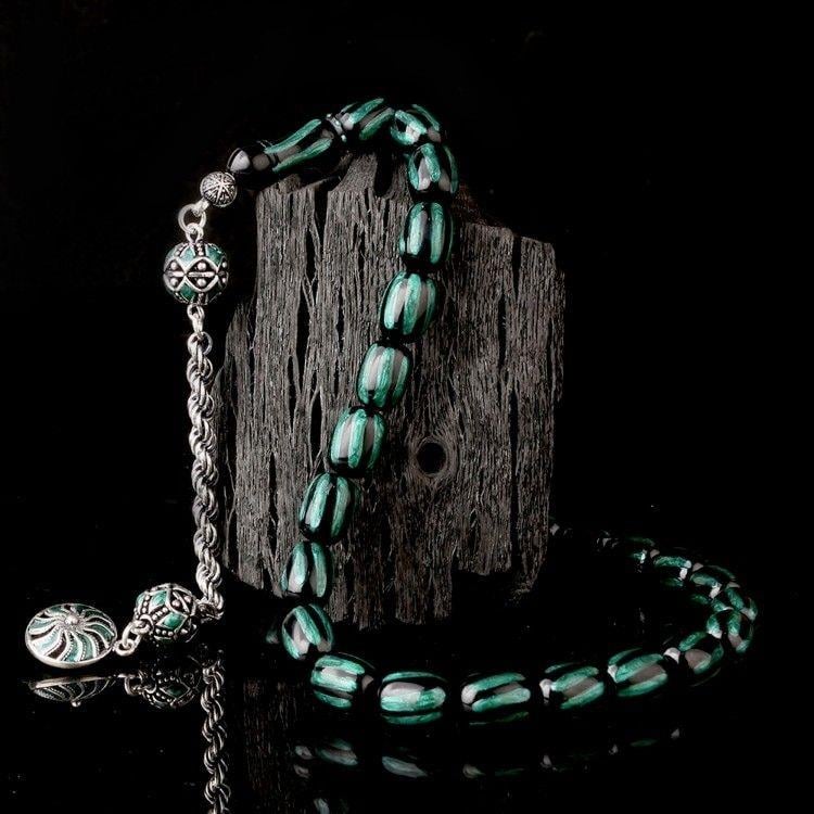 Gümüş Püsküllü Mineli Siyah Yeşil Renk Ateş Kehribar TesbihAteş Kehribar Tesbih