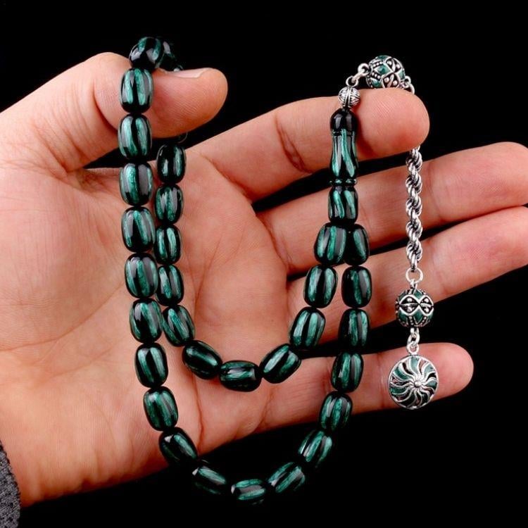 Gümüş Püsküllü Mineli Siyah Yeşil Renk Ateş Kehribar TesbihAteş Kehribar Tesbih