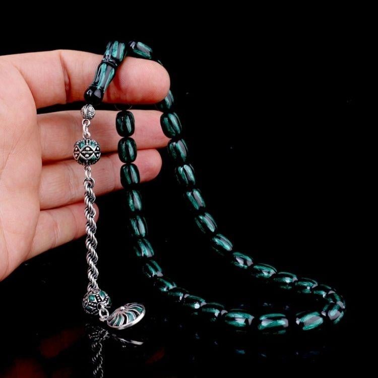 Gümüş Püsküllü Mineli Siyah Yeşil Renk Ateş Kehribar TesbihAteş Kehribar Tesbih