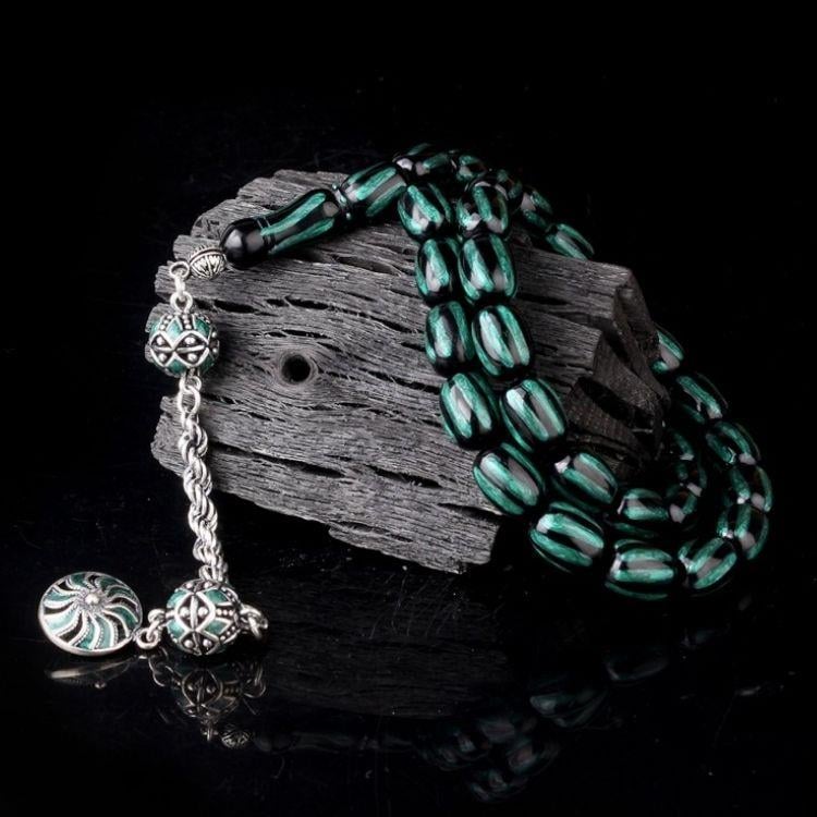 Gümüş Püsküllü Mineli Siyah Yeşil Renk Ateş Kehribar TesbihAteş Kehribar Tesbih