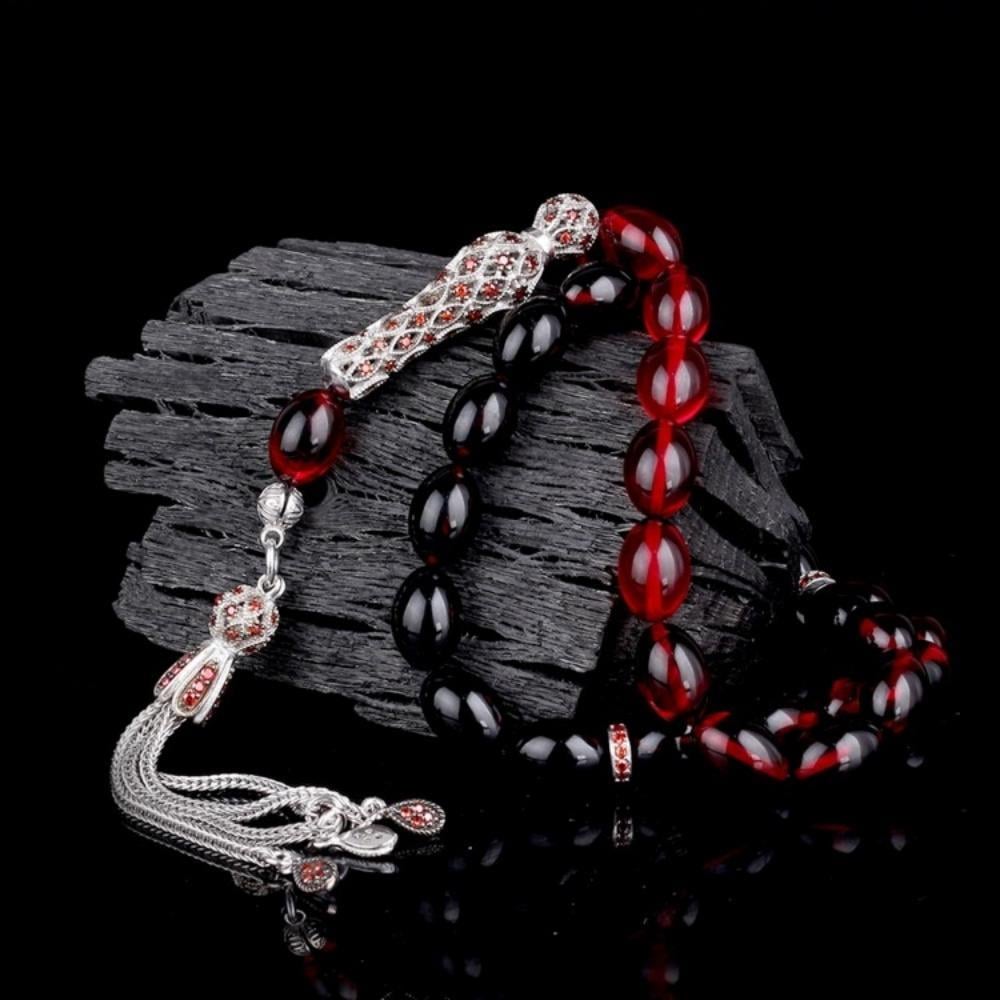 Gümüş Püsküllü Süzme Renk Ateş Kehribar TesbihAteş Kehribar Tesbih