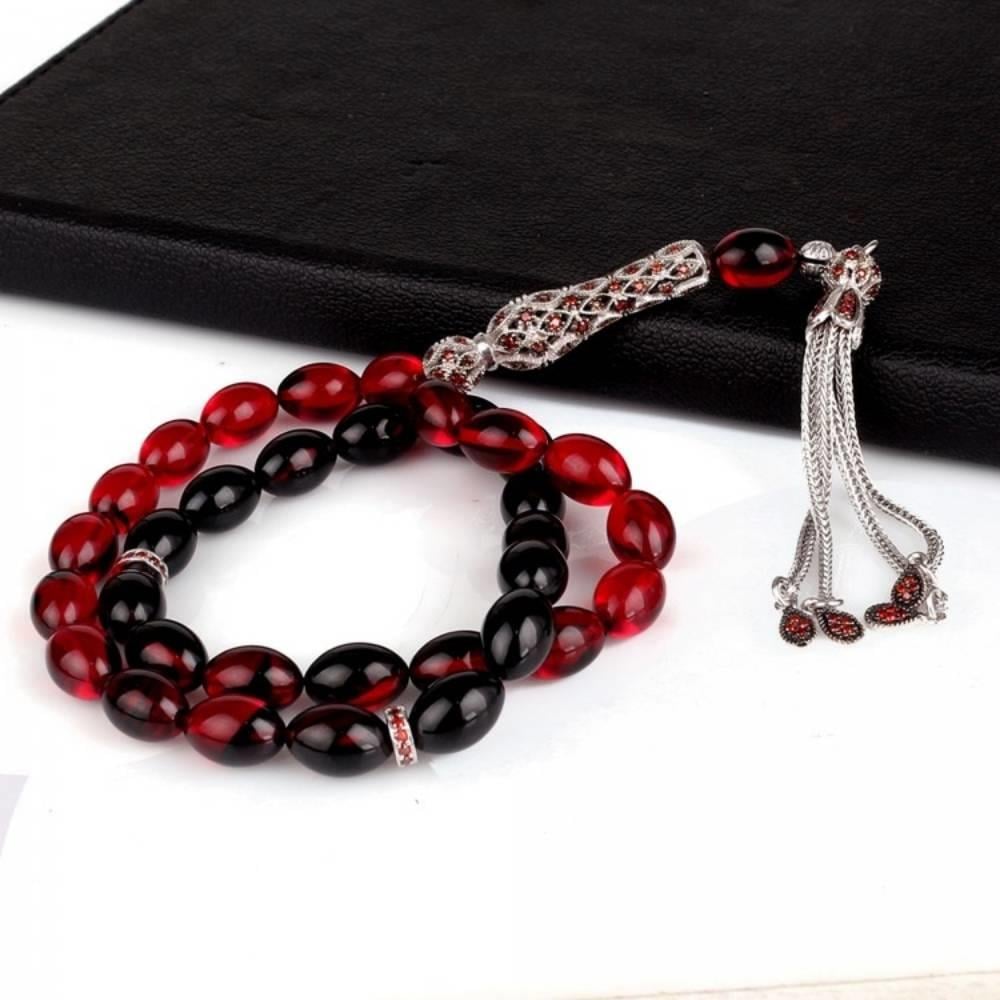 Gümüş Püsküllü Süzme Renk Ateş Kehribar TesbihAteş Kehribar Tesbih