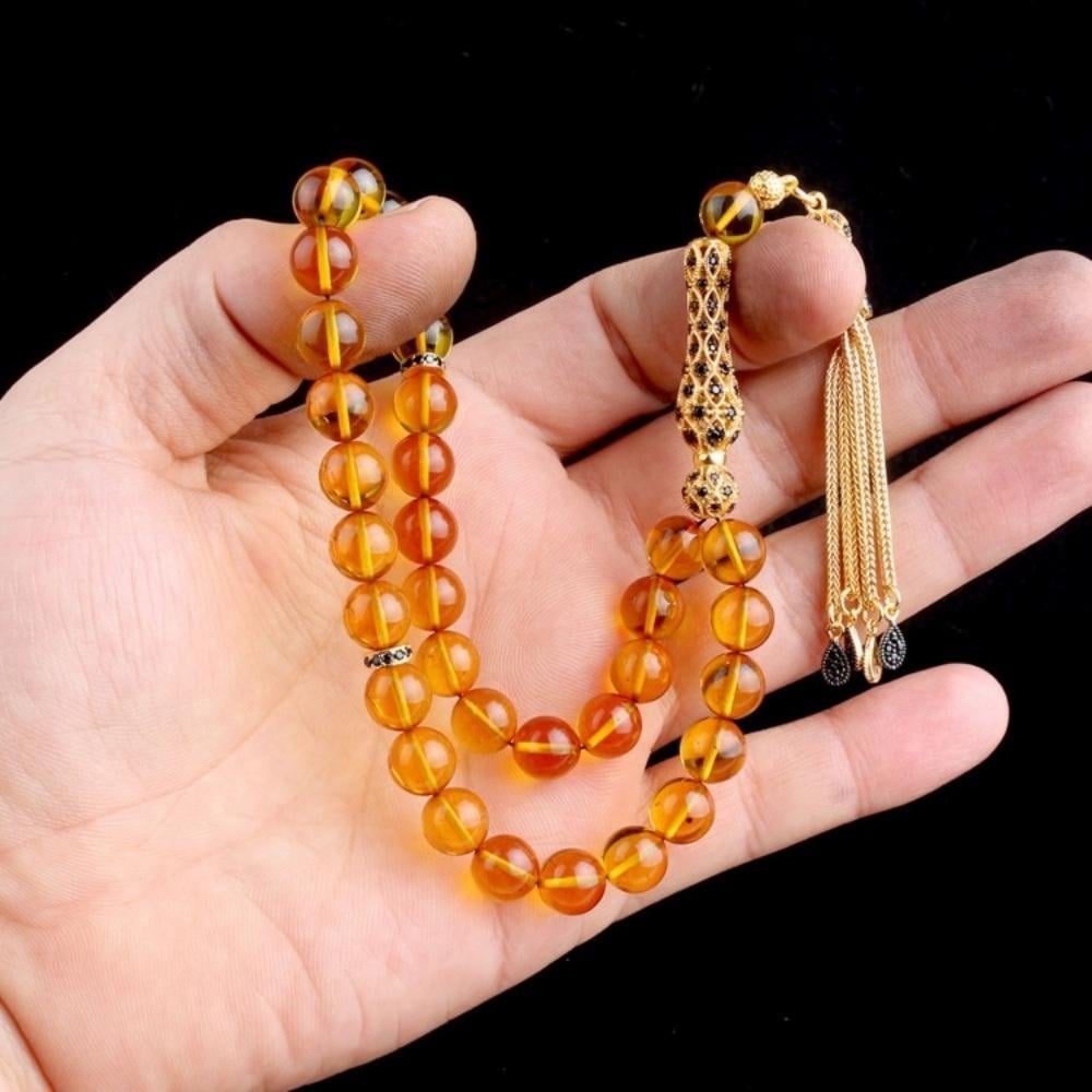 Gümüş Set Zirkon Taş Bal Rengi Ateş Kehribar TesbihAteş Kehribar Tesbih