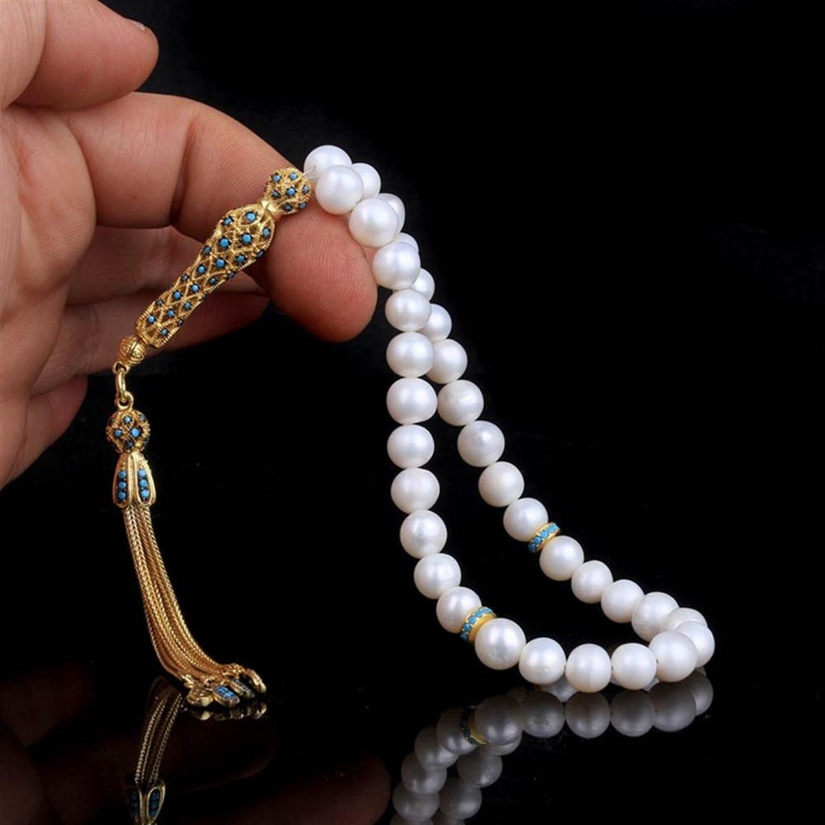 Gümüş Set Zirkon Taşlı Altın Kaplama İnci Taşı Tesbih