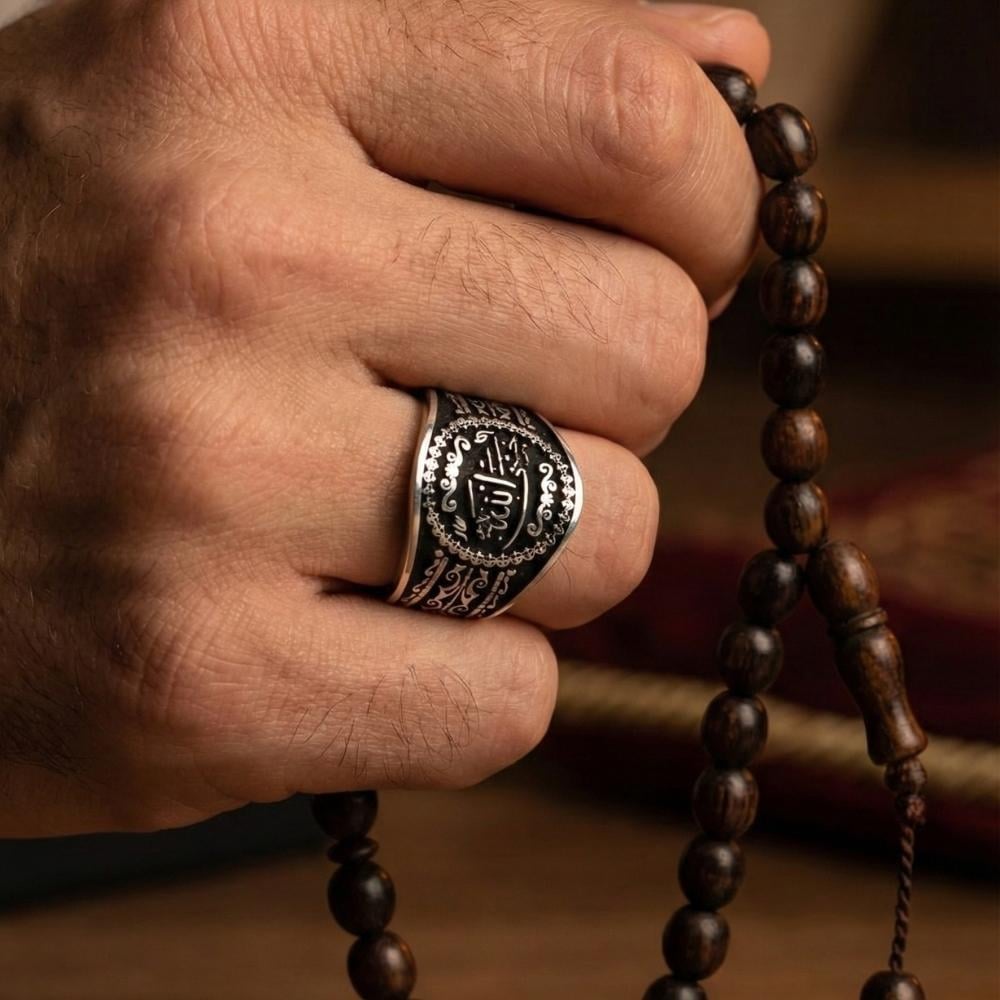 Hasbiyallah Yazılı Osmanlı Motifli Gümüş Erkek YüzükHasbiyallah Yüzük