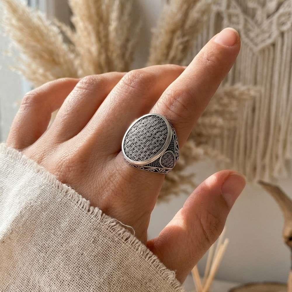 Hasır Desenli Oval Gümüş YüzükTaşsız Yüzükler