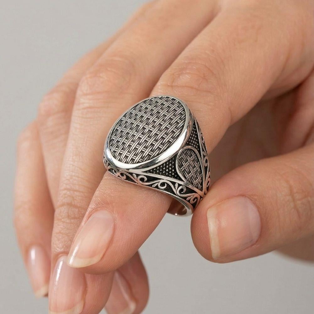 Hasır Desenli Oval Gümüş YüzükTaşsız Yüzükler