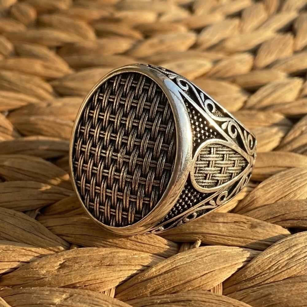 Hasır Desenli Oval Gümüş YüzükTaşsız Yüzükler