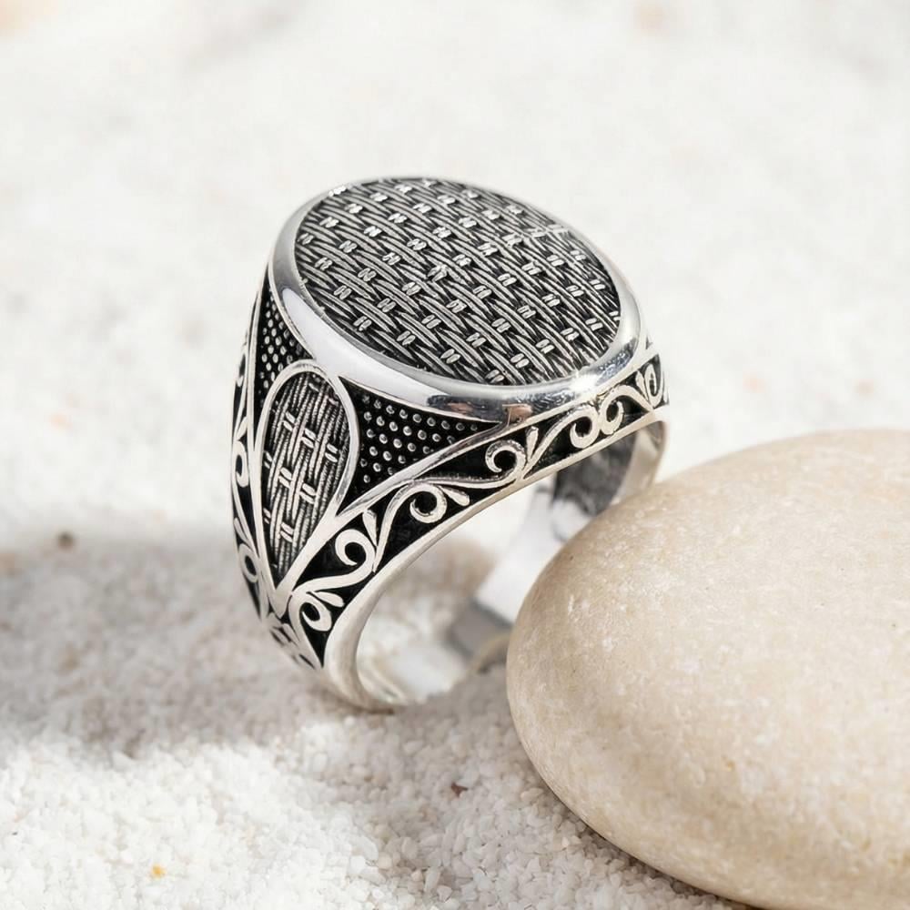 Hasır Desenli Oval Gümüş YüzükTaşsız Yüzükler