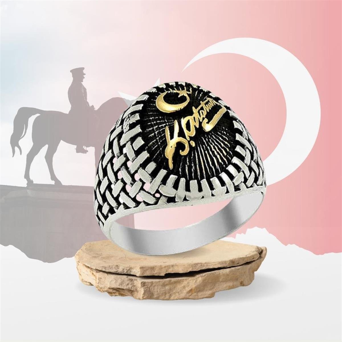 Hasır Model Kemal Atatürk İmzalı Erkek Gümüş Yüzük