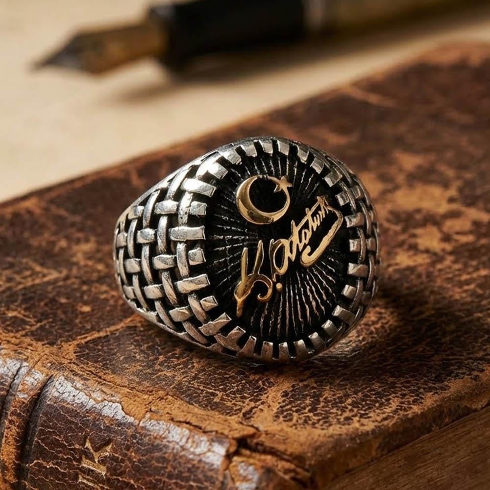 Hasır Model Kemal Atatürk İmzalı Erkek Gümüş YüzükAtatürk Yüzükleri