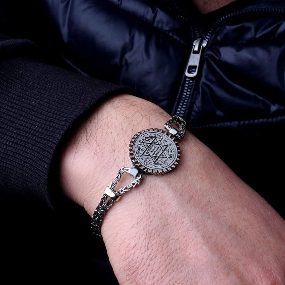 Hazreti Süleyman Mührü İşlemeli Gümüş BileklikErkek Bileklik