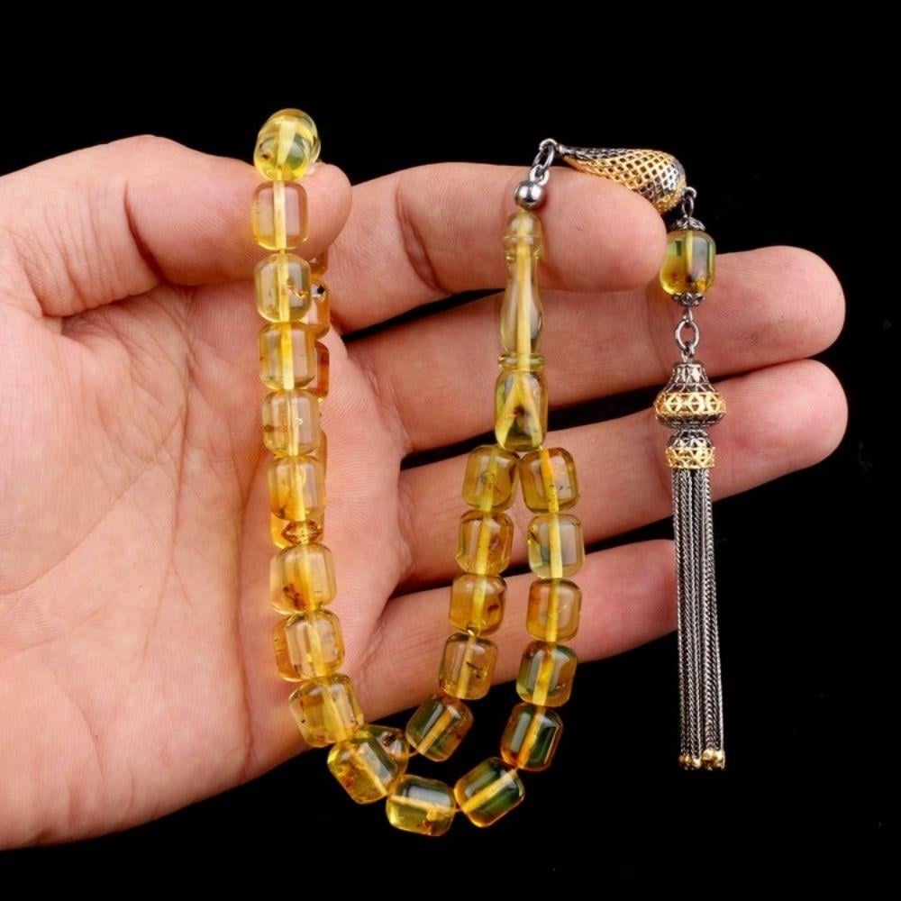 Her Tanesi Sinek Fosilli Gümüş Püsküllü Kapsül Kesim Damla Kehribar Tesbih