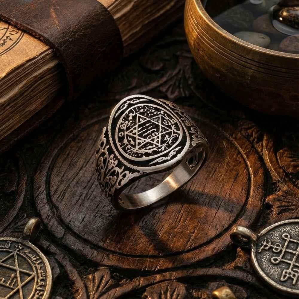 Hz. Süleyman Mührü Siyah Zeminli Gümüş YüzükSüleyman Mührü Yüzükler