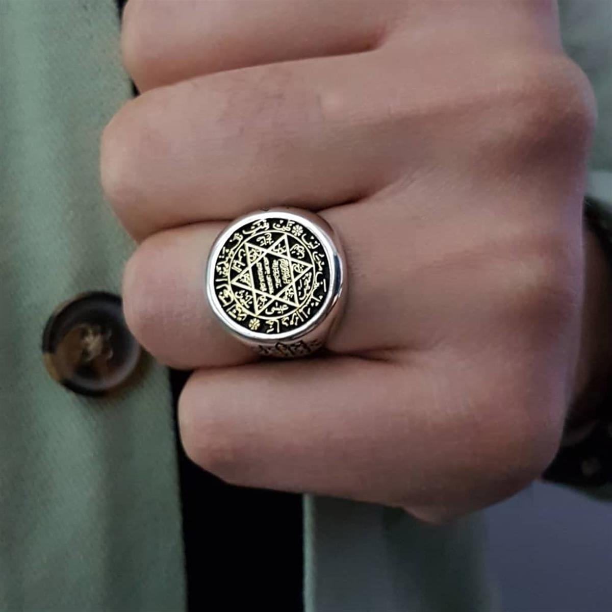 Hz Süleyman Mührü İşlemeli Selçuklu Motifli Gümüş Yüzük