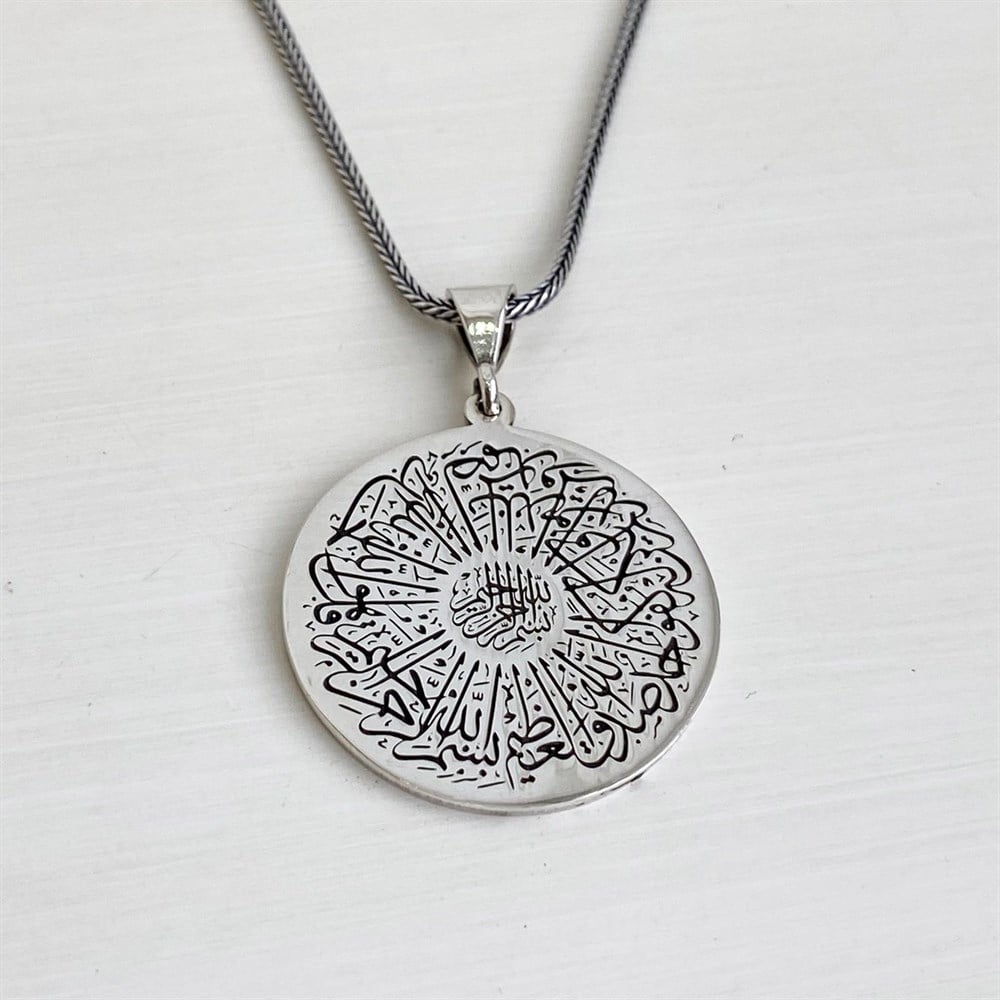 Hz Süleyman Mührü ve Ayetel Kürsi İşlemeli Gümüş Kolye Silver