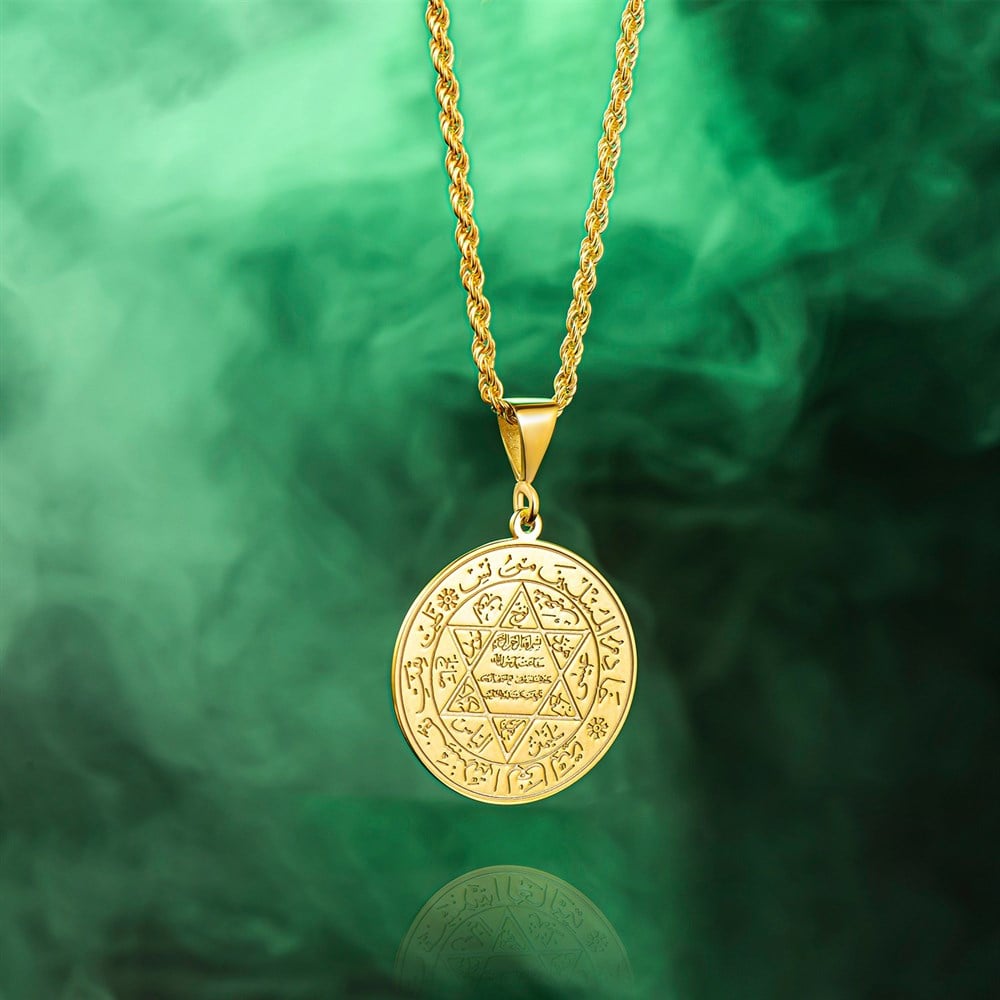 Hz Süleyman Mührü ve Ayetel Kürsi İşlemeli Gümüş Kolye Gold