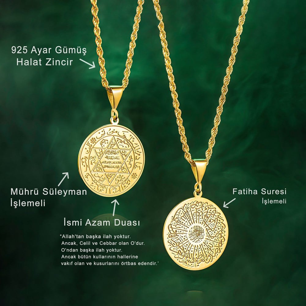 Hz Süleyman Mührü ve Fatiha Suresi İşlemeli Gümüş Kolye Gold