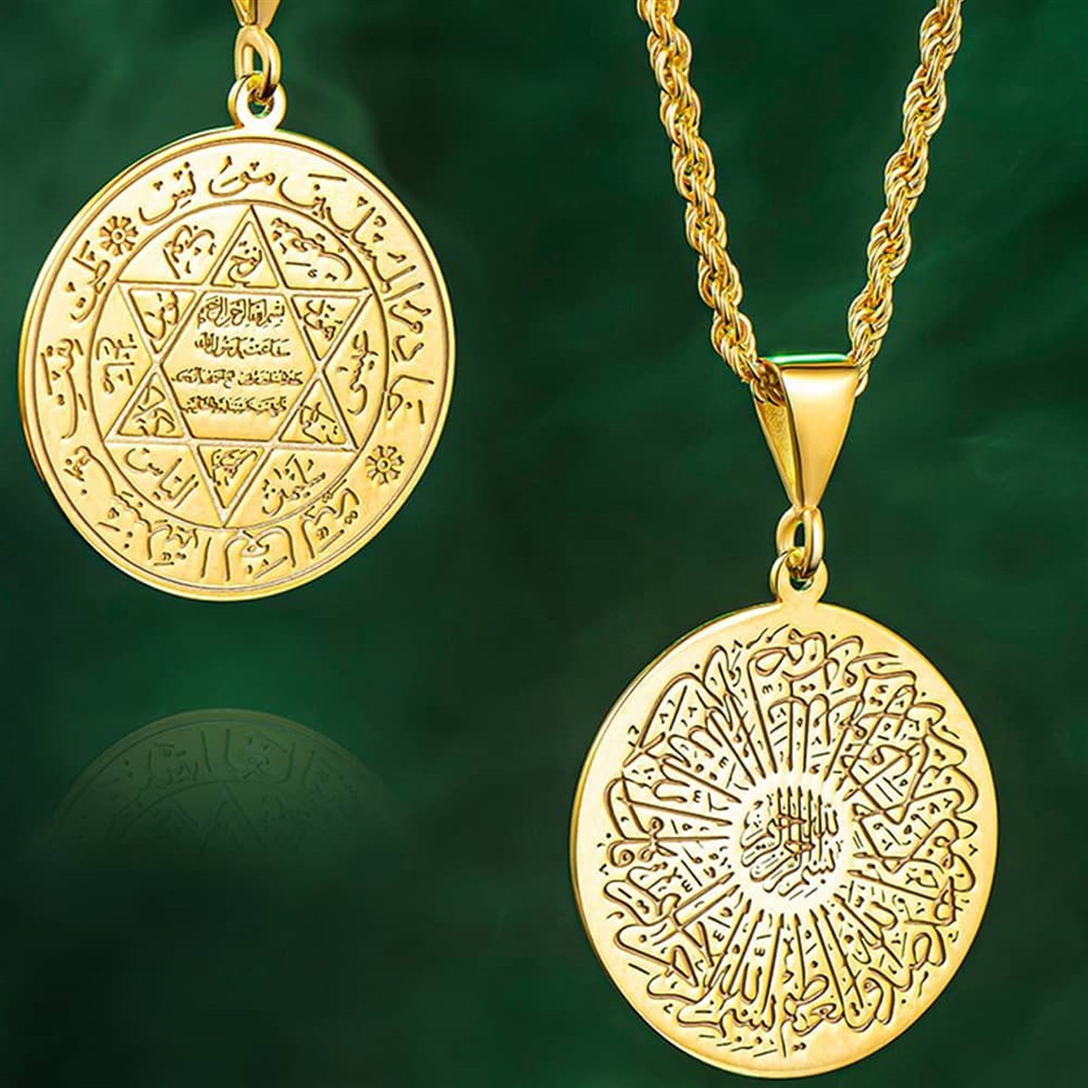 Hz Süleyman Mührü ve Fatiha Suresi İşlemeli Gümüş Kolye Gold
