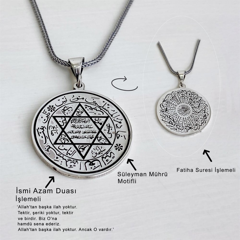 Hz Süleyman Mührü ve Fatiha Suresi İşlemeli Gümüş Kolye Silver