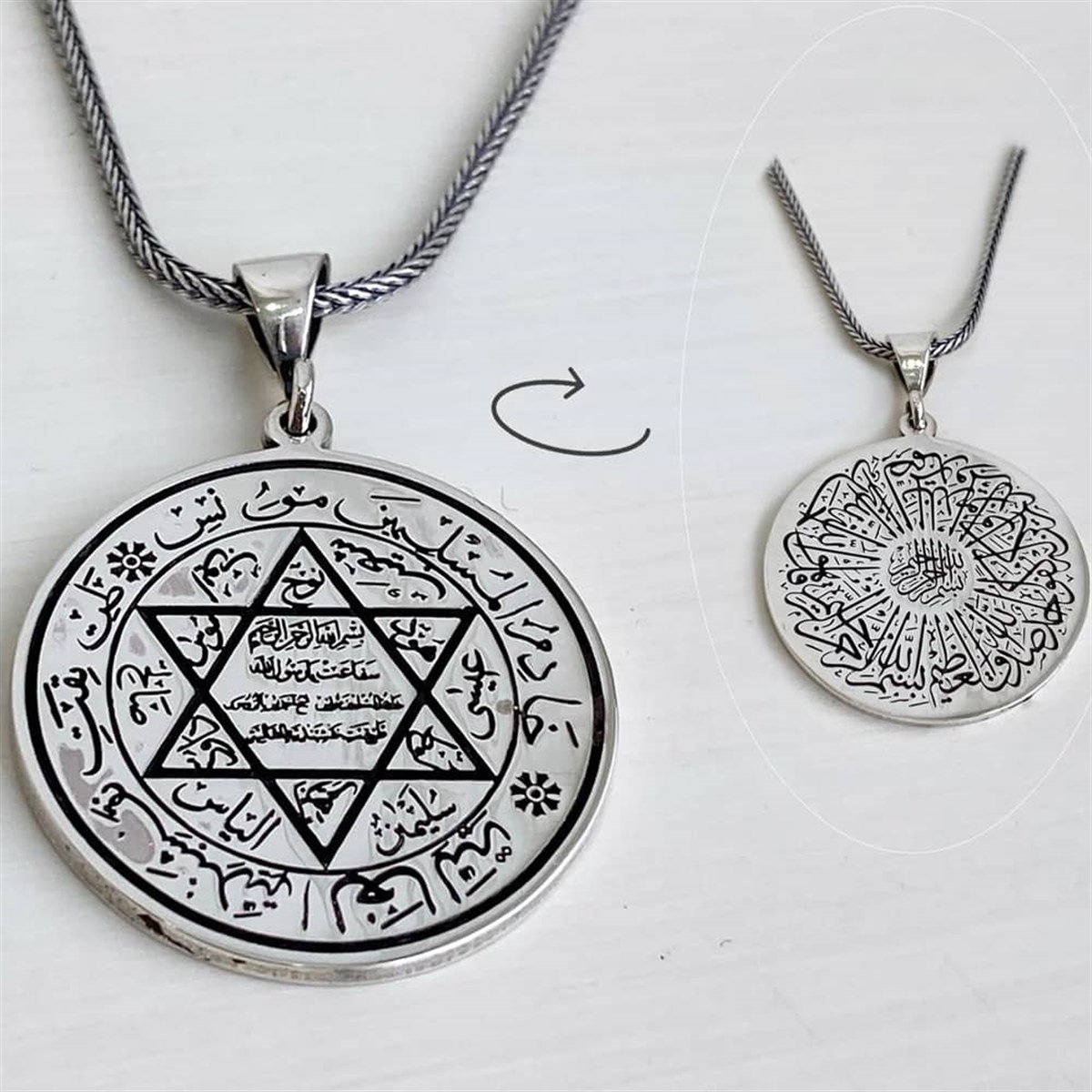 Hz Süleyman Mührü ve Fatiha Suresi İşlemeli Gümüş Kolye Silver