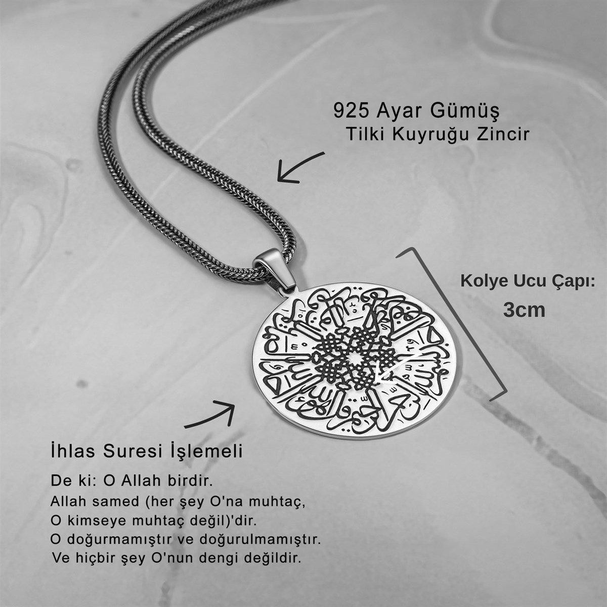İhlas Suresi İşlemeli Gümüş Kolye