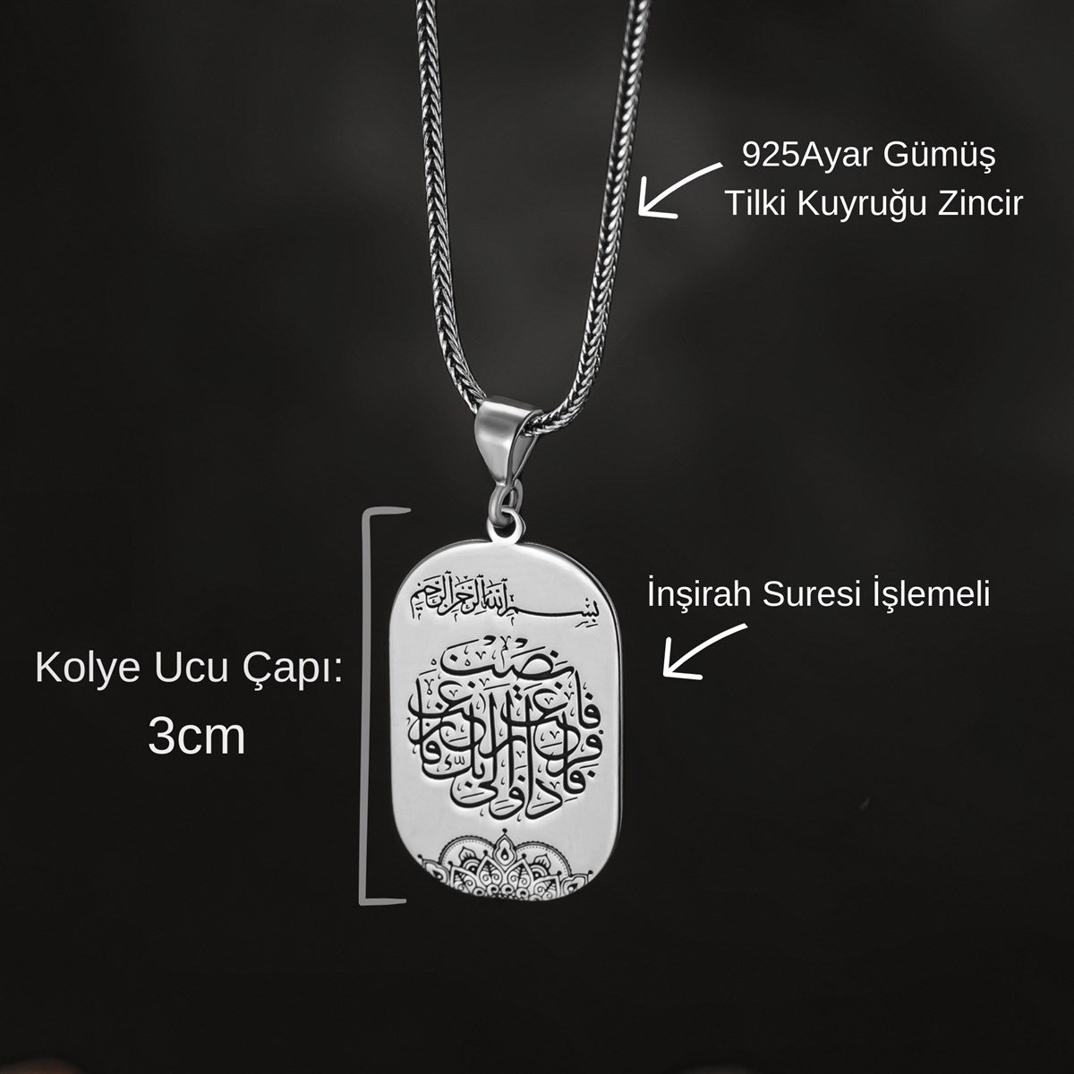 İnşirah Suresi İşlemeli Plaka Gümüş Kolye