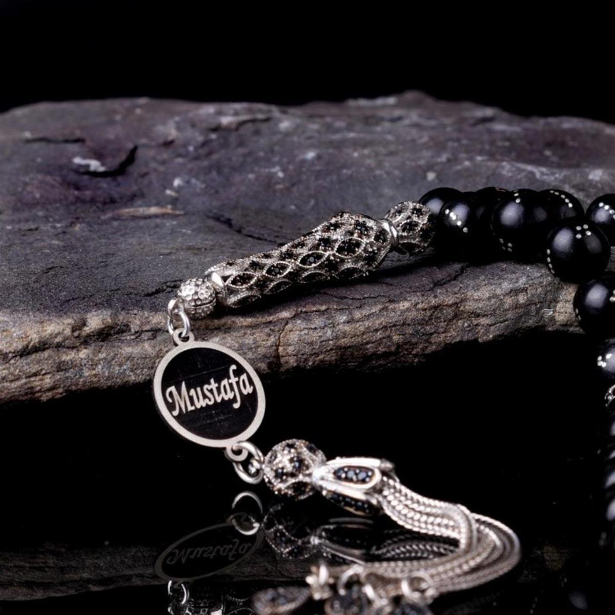 İsim Yazılı Gümüş Püsküllü Gürcistan Oltu Taşı Tesbih