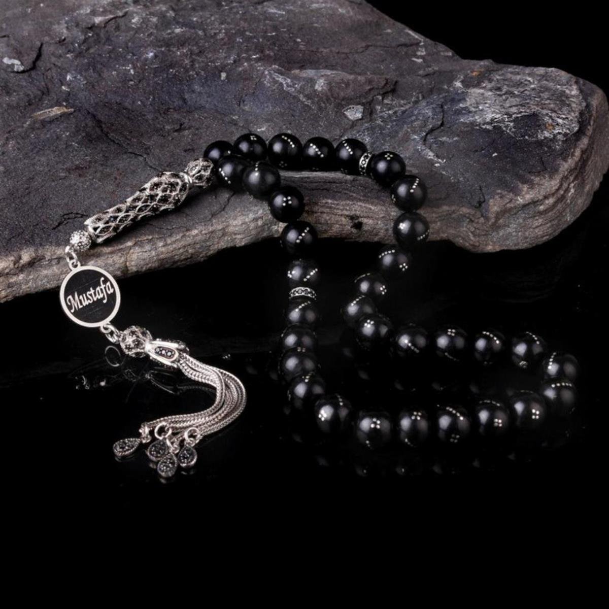 İsim Yazılı Gümüş Püsküllü Gürcistan Oltu Taşı Tesbih