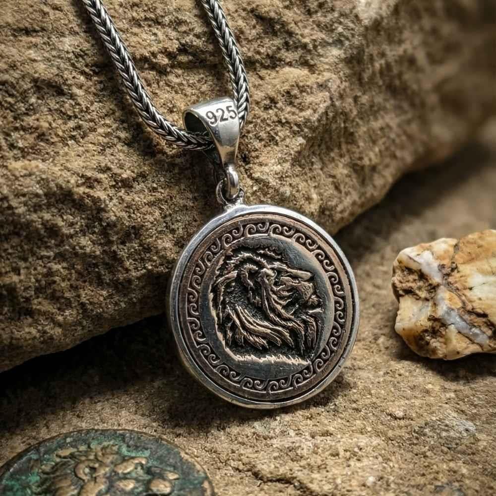 İşlemeli Aslan Motifli Gümüş KolyeKolye